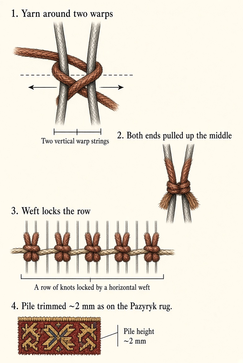 Four steps of the Turkish knot as used on the Pazyryk rug