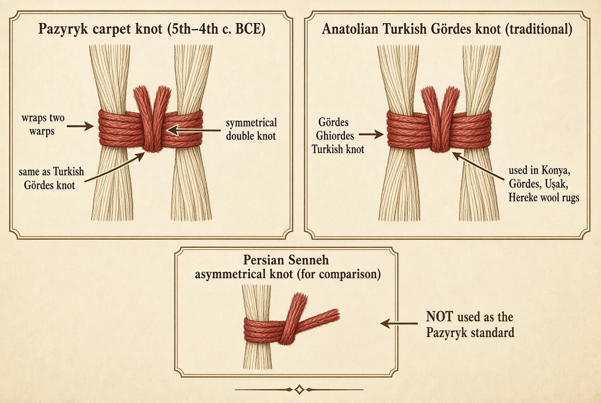 Pazyryk knot beside Anatolian Gördes knot; Senneh shown as the contrast
