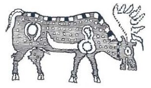 Spotted elk-deer with calf, drawing after the Pazyryk textiles