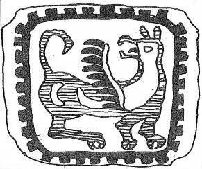 Line drawing of a Pazyryk griffin in a stepped square