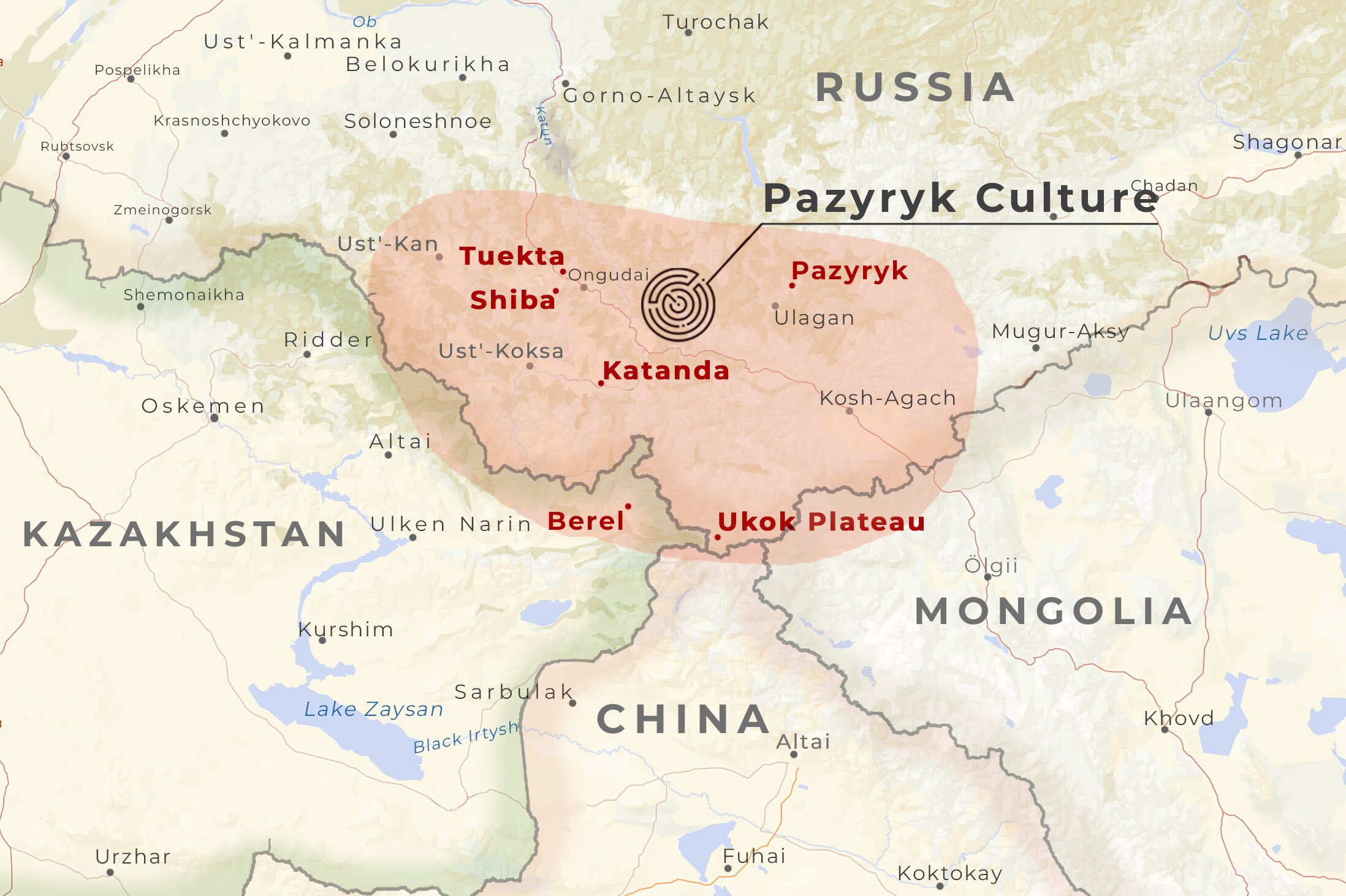 Map of the Pazyryk culture in the Altai: Pazyryk, Tuekta, Shiba, Katanda, Berel and the Ukok Plateau