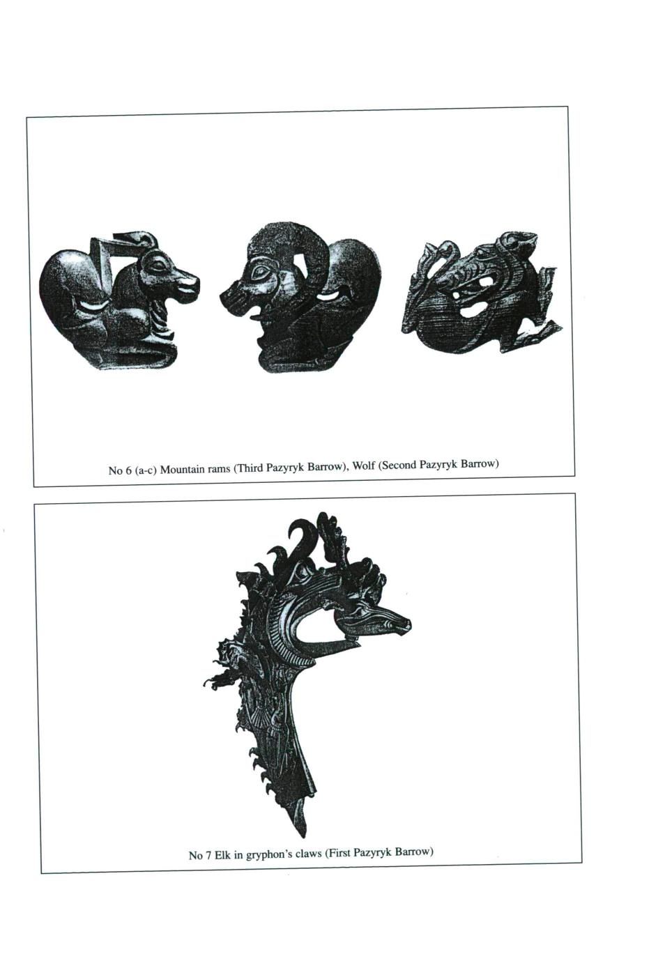 Twisted rams, wolf, and elk in griffin claws from Pazyryk woodwork