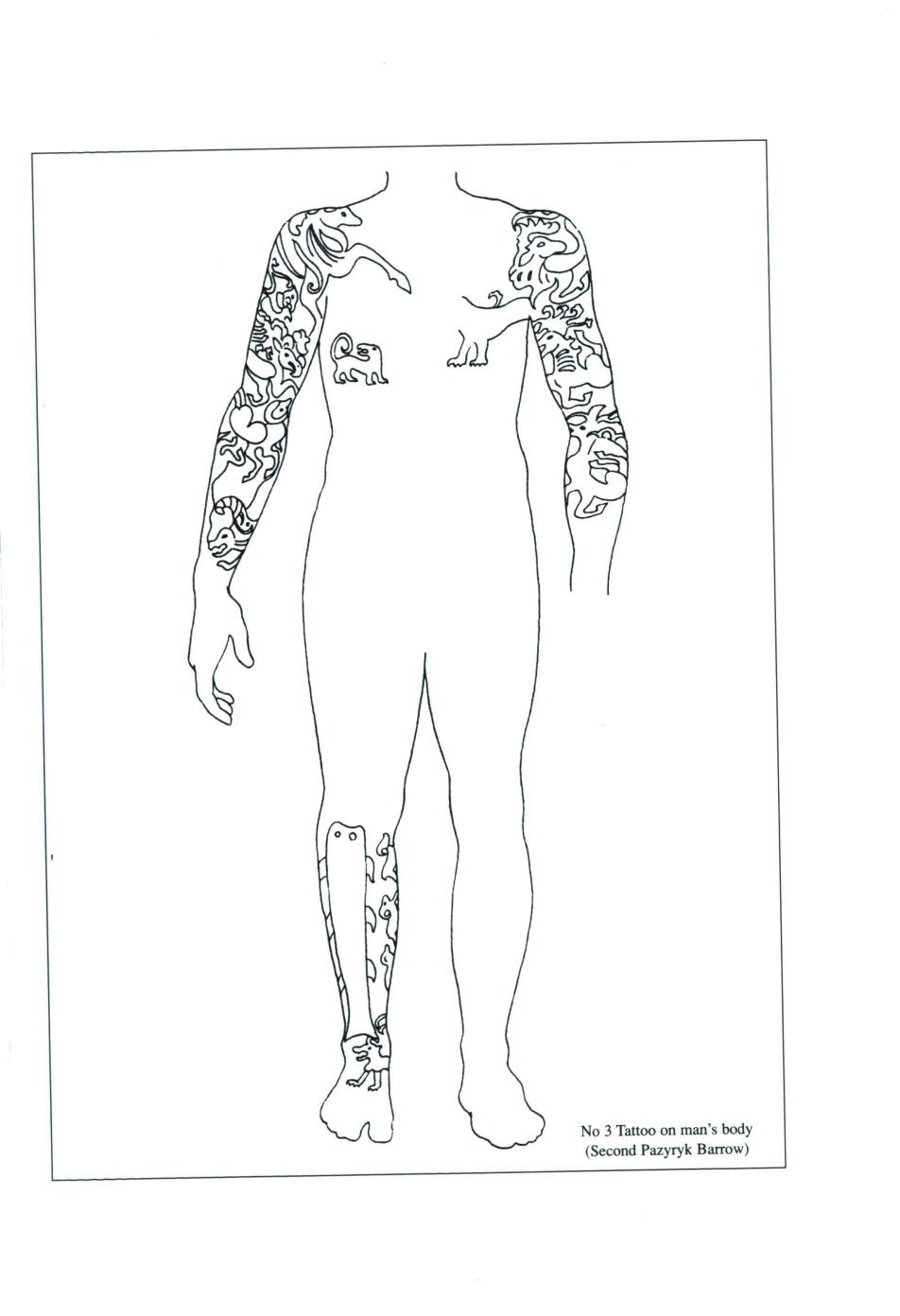 Outline of tattoos on a man from Pazyryk Kurgan 2
