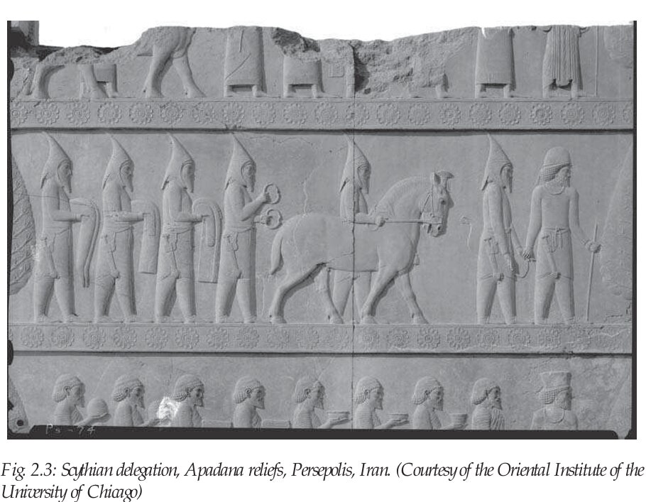 Apadana relief at Persepolis: Saka delegation in tall pointed caps leading a horse